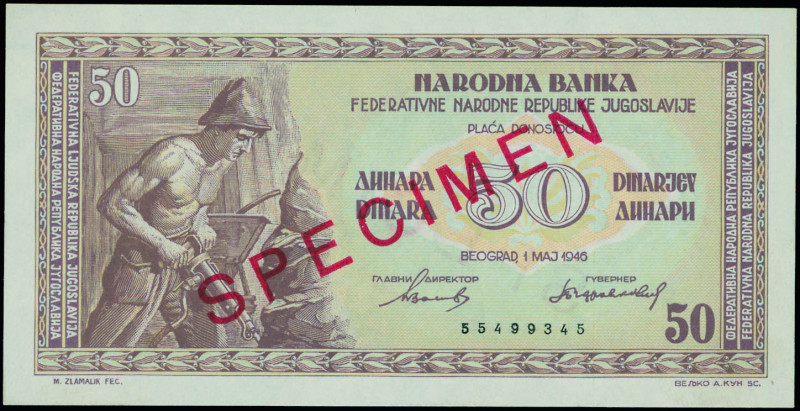 YUGOSLAVIA: Specimen of 50 Dinara (1.5.1946) in brown on multicolor unpt. Miner ...