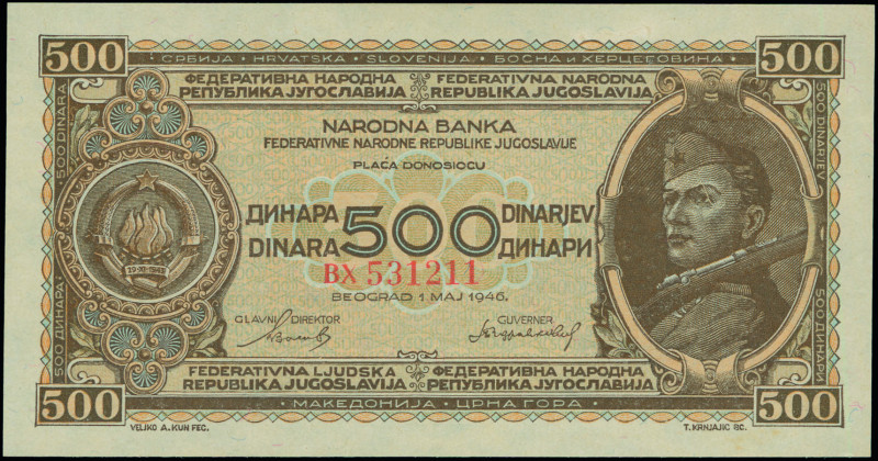 YUGOSLAVIA: 500 Dinara (1.5.1946) in brown on multicolor unpt. Coat of arms at l...