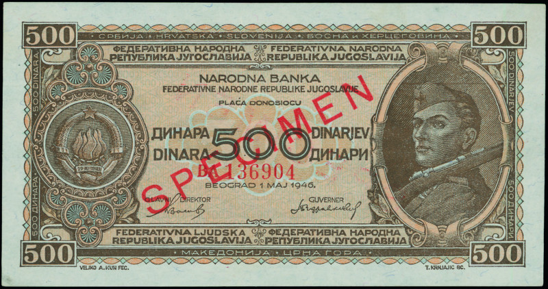 YUGOSLAVIA: Specimen of 500 Dinara (1.5.1946) in brown on multicolor unpt. Coat ...