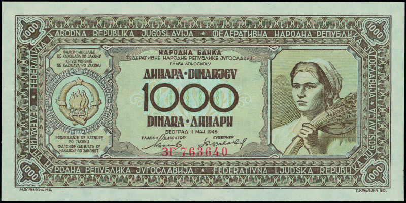 YUGOSLAVIA: 1000 Dinara (1.5.1946) in brown on multicolor unpt. Coat of arms at ...