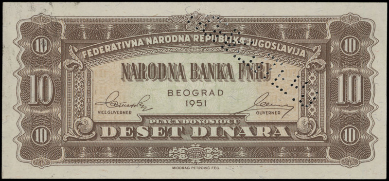 YUGOSLAVIA: Specimen of 10 Dinara (1951) in brown. Incomplete perfin "ПОНИШТЕНО"...