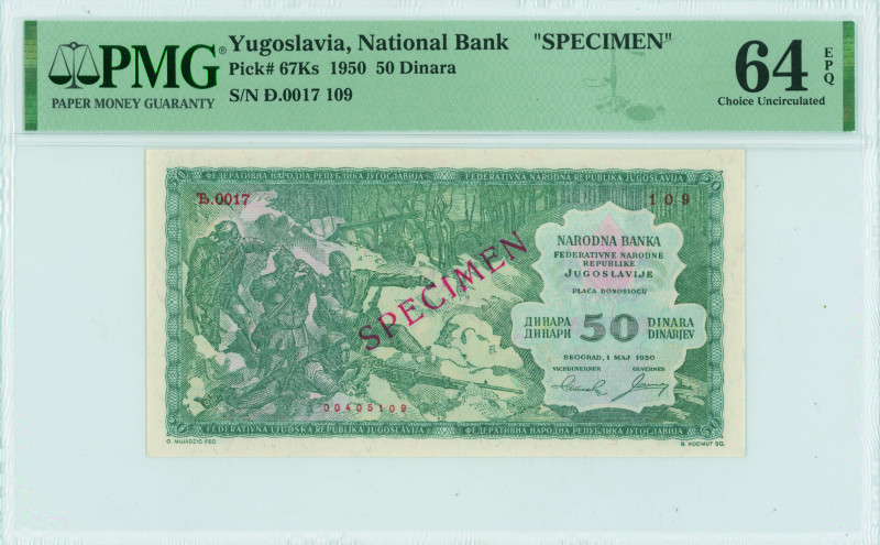 YUGOSLAVIA: Specimen of 50 Dinara (1.5.1950) in green. Partisan fighters on face...