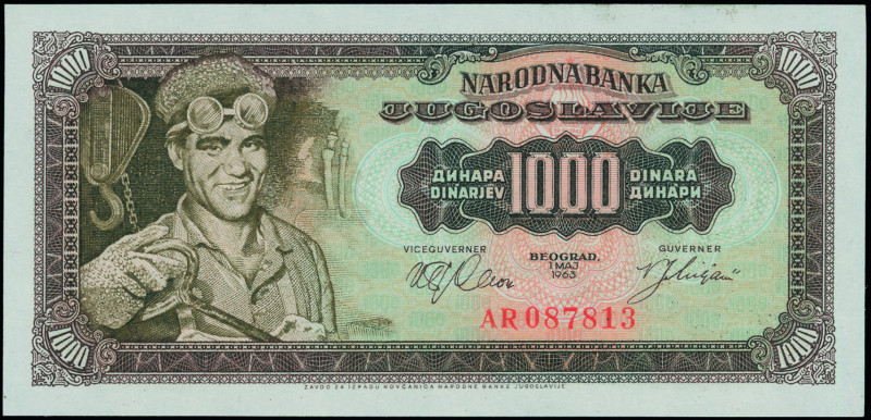 YUGOSLAVIA: 1000 Dinara (1.5.1963) in dark brown on multicolor unpt. Male steelw...