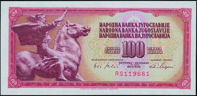 YUGOSLAVIA: 100 Dinara (1.8.1965) in red on multicolor unpt. Equestrian statue "...