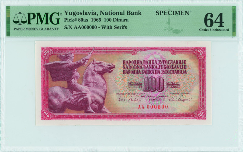 YUGOSLAVIA: Specimen of 100 Dinara (1.8.1965) in red on multicolor unpt. Equestr...