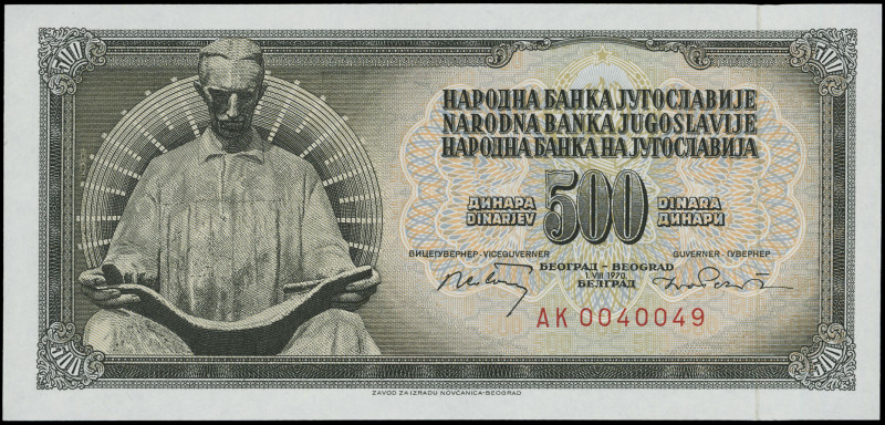 YUGOSLAVIA: 500 Dinara (1.8.1970) in dark olive-green on multicolor unpt. Statue...