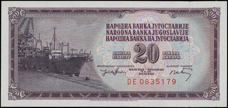 YUGOSLAVIA: 20 Dinara (19.12.1974) in purple on multicolor unpt. Ship dockside a...