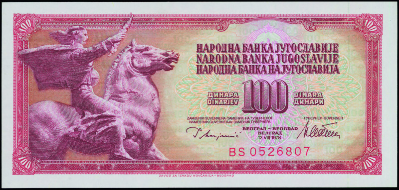 YUGOSLAVIA: 100 Dinara (12.8.1978) in red on multicolor unpt. Equestrian statue ...