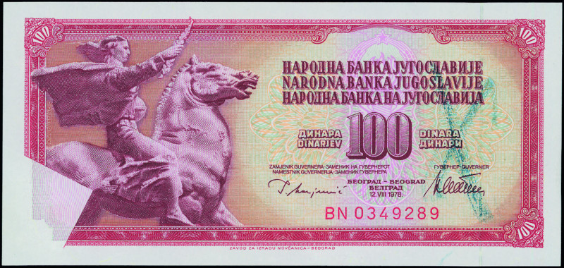 YUGOSLAVIA: 100 Dinara (12.8.1978) in red on multicolor unpt. Equestrian statue ...