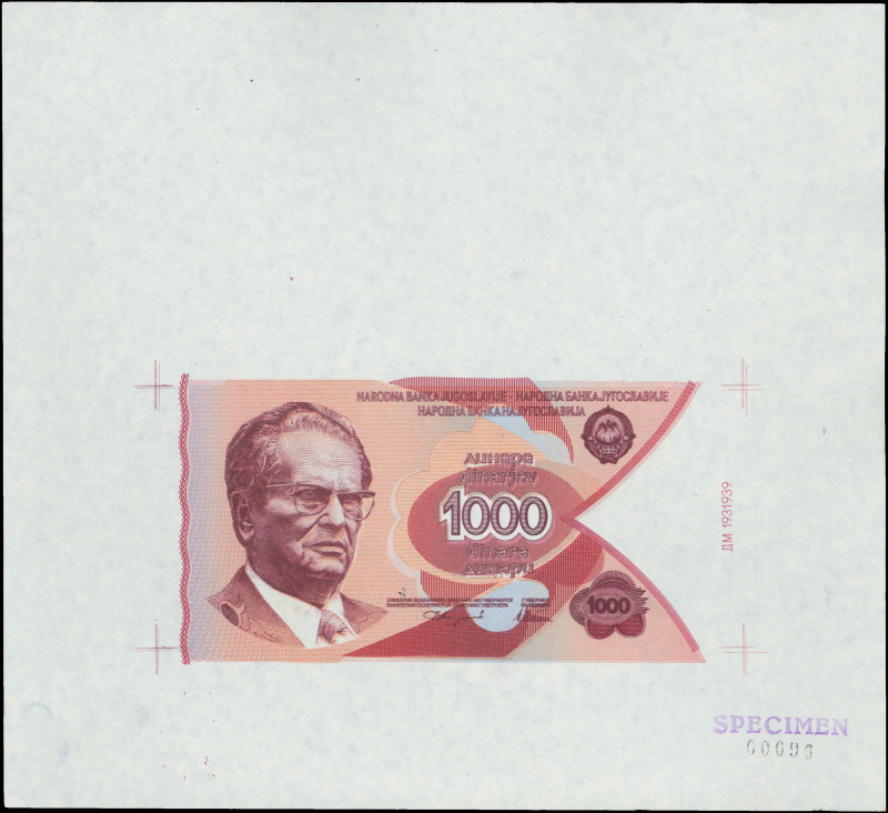 YUGOSLAVIA: Specimen sheet (No. 00096) of color proof of face of 1000 Dinara (12...