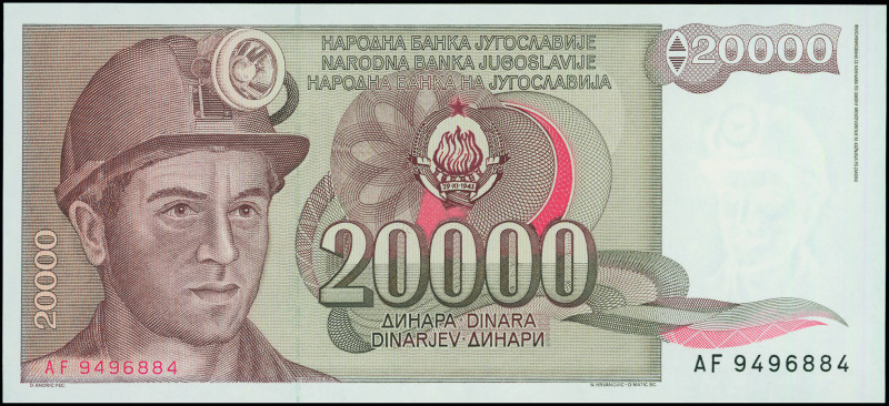 YUGOSLAVIA: 20000 Dinara (1.5.1987) in brown on multicolor unpt. Miner at left o...