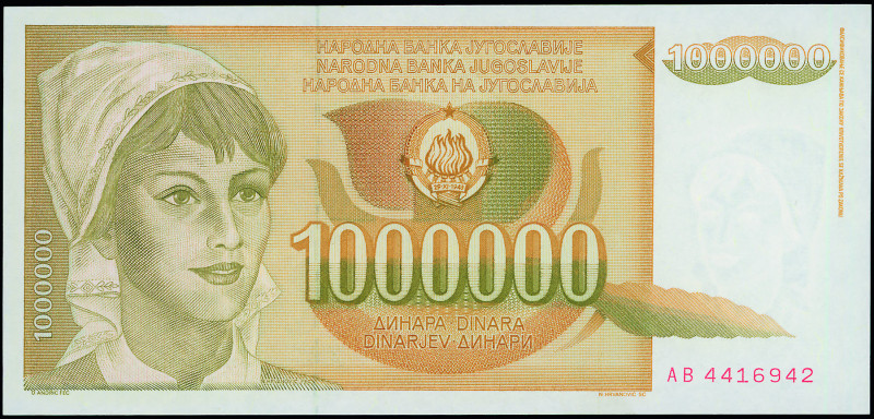 YUGOSLAVIA: 1 Million Dinara (1.11.1989) in light olive-green on orange and gold...