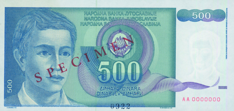 YUGOSLAVIA: Specimen of 500 Dinara (1.3.1990) in blue and purple. Young man at l...