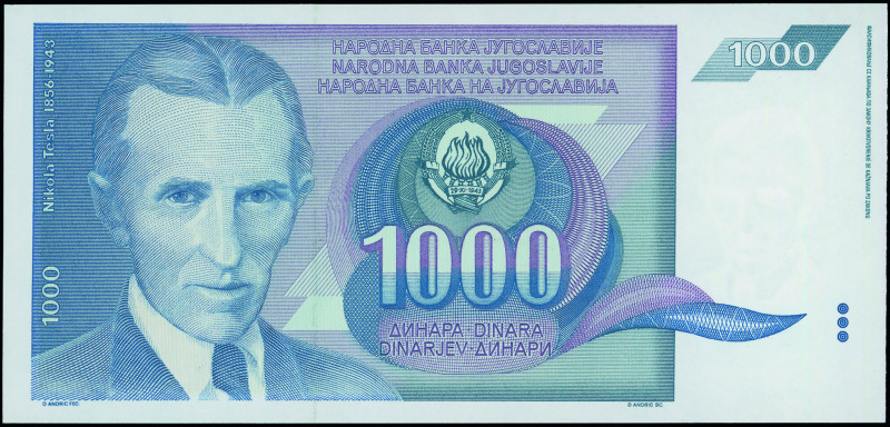 YUGOSLAVIA: Remainder of 1000 Dinara (1991) in blue and purple. Nicola Tesla at ...