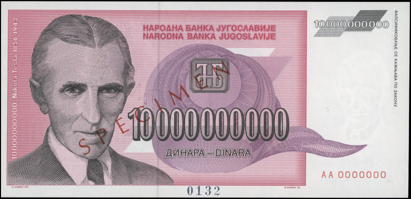 YUGOSLAVIA: Specimen of 10 billion Dinara (1993) in black, purple and red. Nicol...