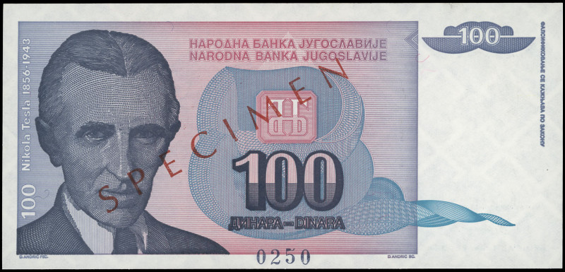 YUGOSLAVIA: Specimen of 100 Dinara (1994) in grayish purple on pink and pale blu...