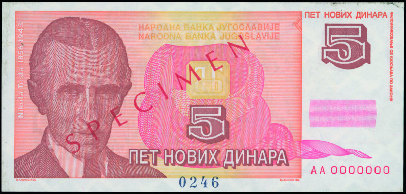 YUGOSLAVIA: Specimen of 5 Novih Dinara (1.1.1994) in red-brown and pink on ohre ...