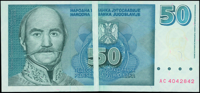 YUGOSLAVIA: 50 Novih Dinara (6.1996) in black and blue. Serbian Prince Milan Obr...