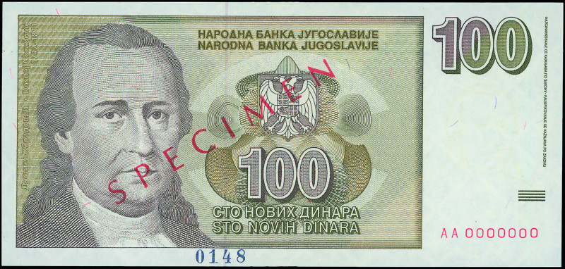 YUGOSLAVIA: Specimen of 100 Novih Dinara (10.1996) in black on olive-brown and g...