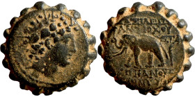 SELEUKID KINGS of SYRIA. Antioch mint. Antiochos VI Dionysos (144-142 BC). AE bronze. Obv.: radiate and wreathed head r. Rev.: elephant standing l., h...