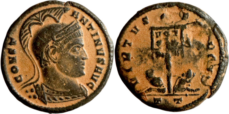 Constantinus I (306-337) Follis. Obverse: CONSTANTIVS AVG around, helmeted and c...