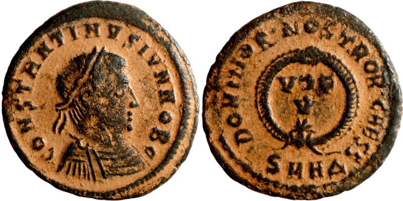 Constantius II as caesar Follis. Obv.: CONSTANTIVS IVL NOB C, Laureate, draped a...