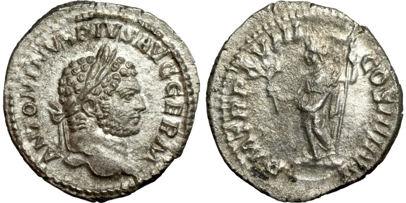 Caracalla (211-217) Denarius. Obverse: Bust of emperor. Reverse: Standing Figure...