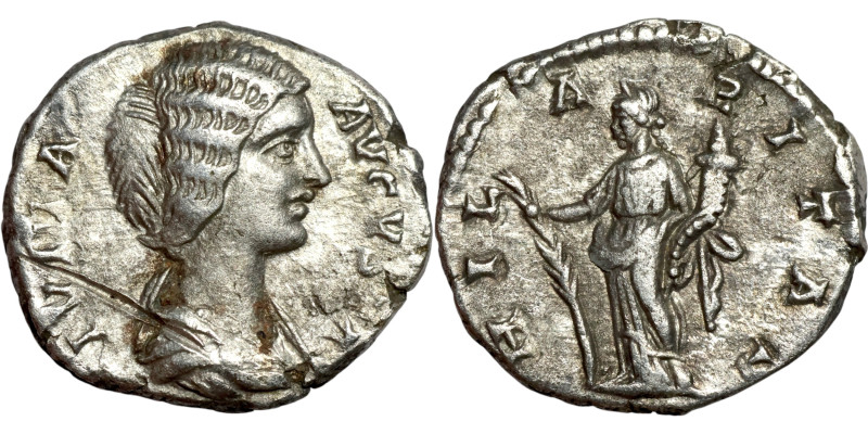 JULIA DOMNA (Augusta, 193-217). Denarius. Obv: IVLIA AVGVSTA. Draped bust right....