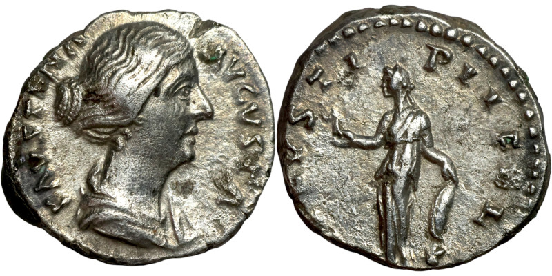 Faustina minor. Denarius. Obverse: Bust of Empress. Reverse: Standing Pietas

...