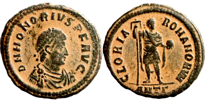 Honorius (395-423 AD). folis. Obv.: D N HONORIVS P F AVG Rosette-diademed, drape...