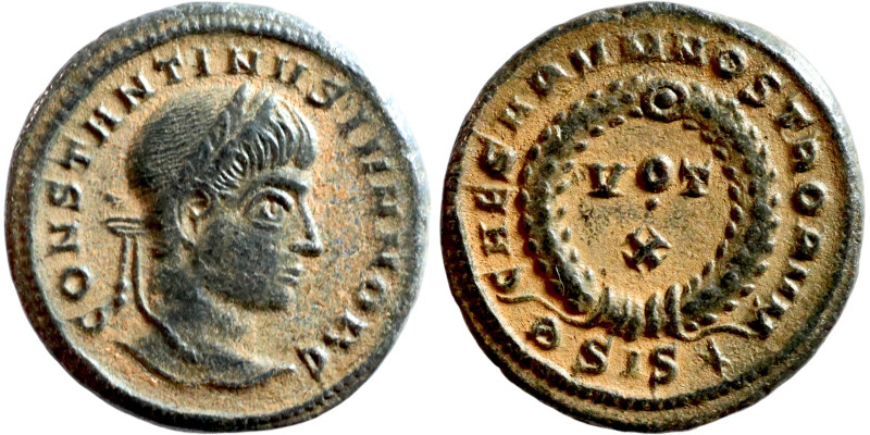 Constantine II (317-337) Follis. Obverse: CONSTANTINVS IVL NOB C Laureate bust. ...