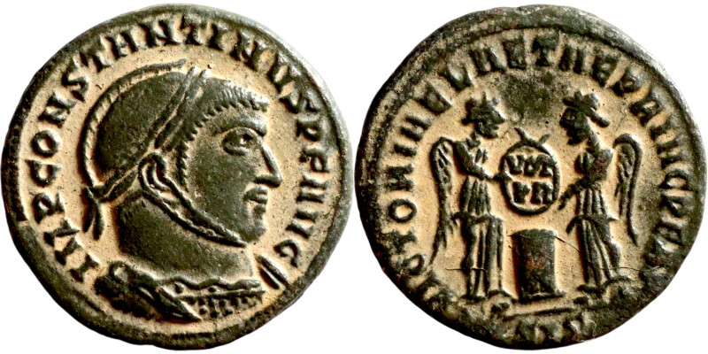 Constantinus I (306-337) Follis. Obverse: IMP CONSTAN-TINVS AVG, high crested he...