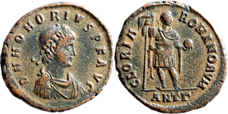 Honorius (395-423 AD). folis. Obv.: D N HONORIVS P F AVG Rosette-diademed, drape...