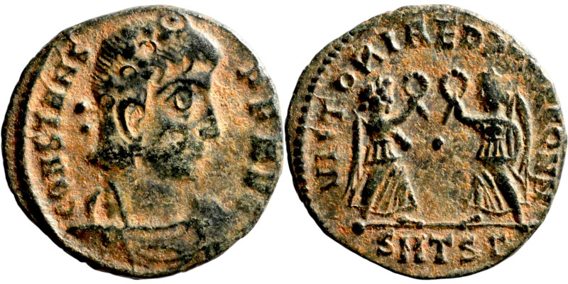 Constans (337-350) Follis. Obverse: DN CONSTANS PF AVG, pearl diademed, draped, ...