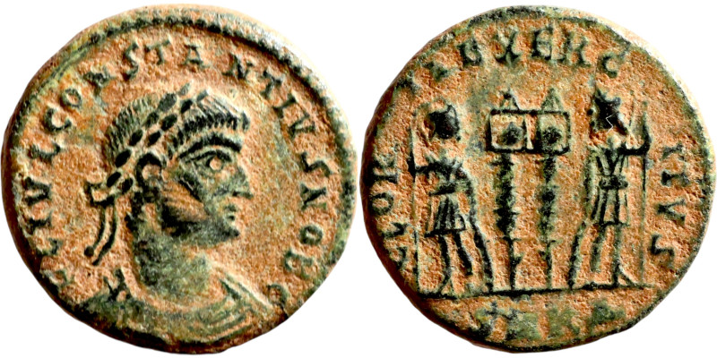 Constantius II (Caesar: 324-337) Follis. Obverse: FL IVL CONSTANTIVS NOB C, diad...