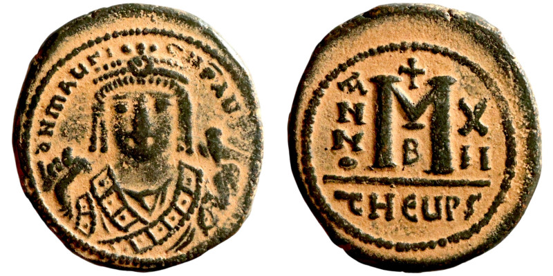 Maurice Tiberius (582-602) Follis. Antioch. Obverse: Crowned bust facing, wearin...