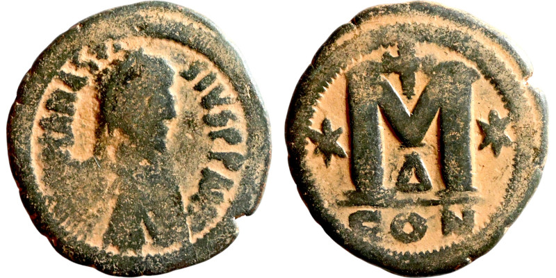 Anastasius I (491-518) Follis. Obverse: DN ANASTASVS PP AVG diademed, draped, an...