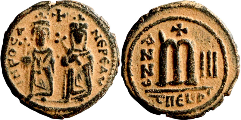 Phocas and Leontia.(602-610). Follis. . Obverse: Standing Phocas and Leonita Rev...