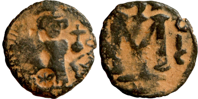 Constans II (641-668) Follis. Obverse: Imperial figure holding cross and globus ...