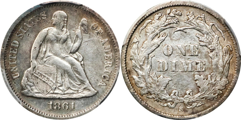 1861-S Liberty Seated Dime. Fortin-101. Rarity-5. EF Details--Graffiti (PCGS).
...