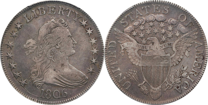 1806 Draped Bust Half Dollar. O-116, T-20. Rarity-3. Pointed 6, Stem Through Cla...