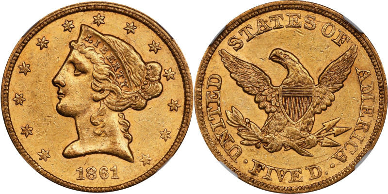 1861 Liberty Head Half Eagle. AU-58 (NGC).
PCGS# 8288. NGC ID: 25VK.