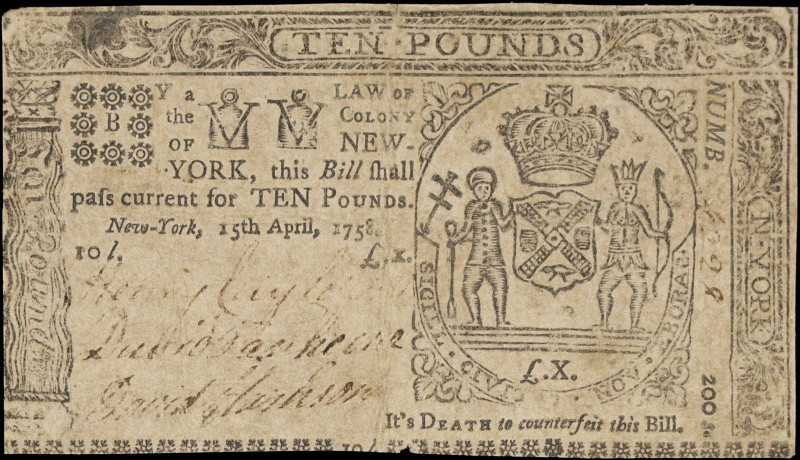 NY-154. New York. April 15, 1758. Ten Pounds. Very Fine.
No. 4228. A better Col...