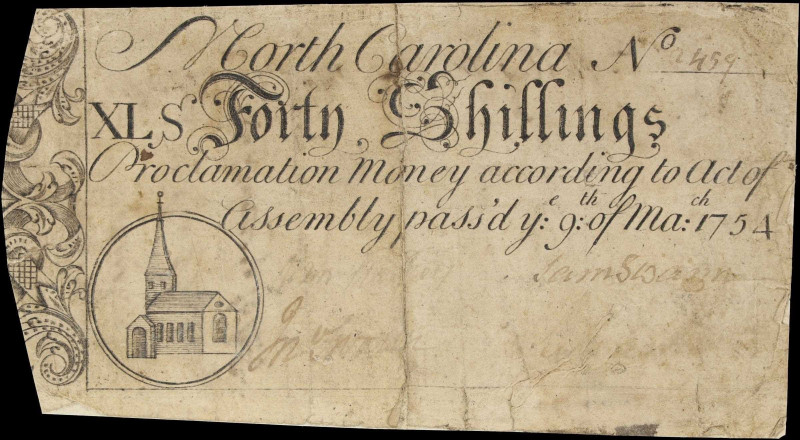 NC-82. North Carolina. March 9, 1754. 40 Shillings. Fine.
No. 1459. An early Co...