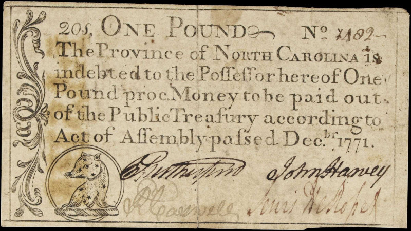 NC-139. North Carolina. December, 1771. One Pound. Fine.
No. 1402. An intact Co...