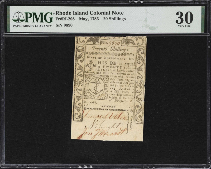 RI-298. Rhode Island. May, 1786. 20 Shillings. PMG Very Fine 30.
No. 9890. An e...