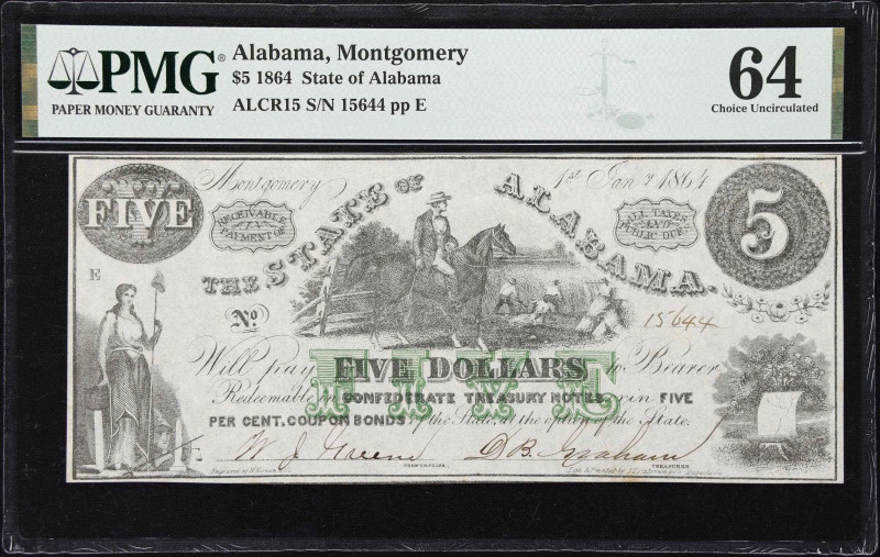 Montgomery, Alabama. State of Alabama. 1864 $5. PMG Choice Uncirculated 64.
No....