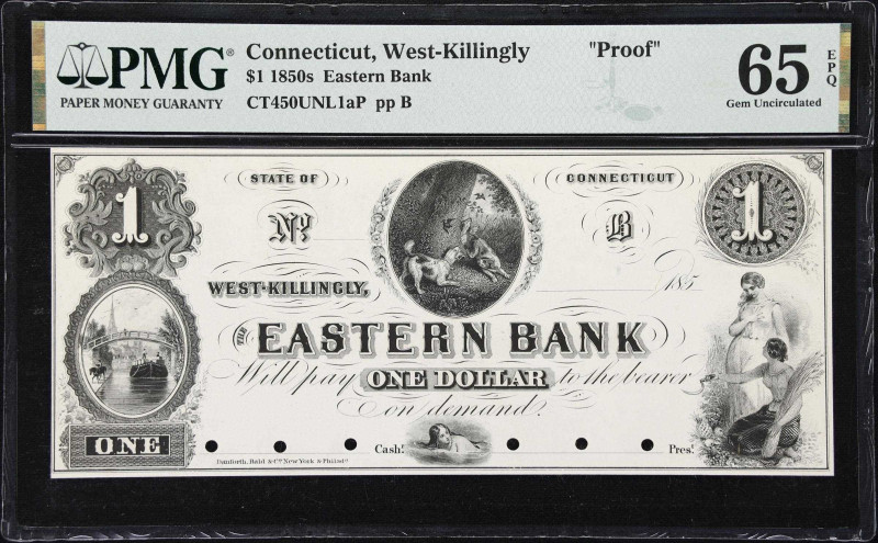 West-Killingly, Connecticut. Eastern Bank. 1850s $1. PMG Gem Uncirculated 65 EPQ...