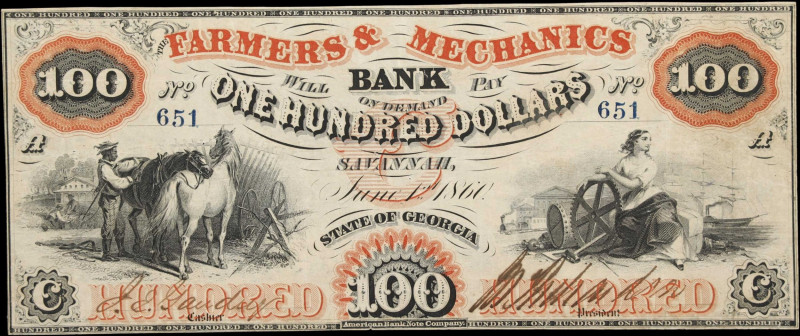 Savannah, Georgia. Farmers & Mechanics Bank. 1860 $100. Very Fine.
No. 651 (Pri...