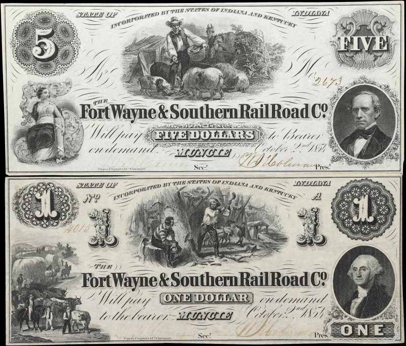 Lot of (2) Muncie, Indiana. The Fort Wayne & Southern Railroad Co. 1854 $1 & $5....